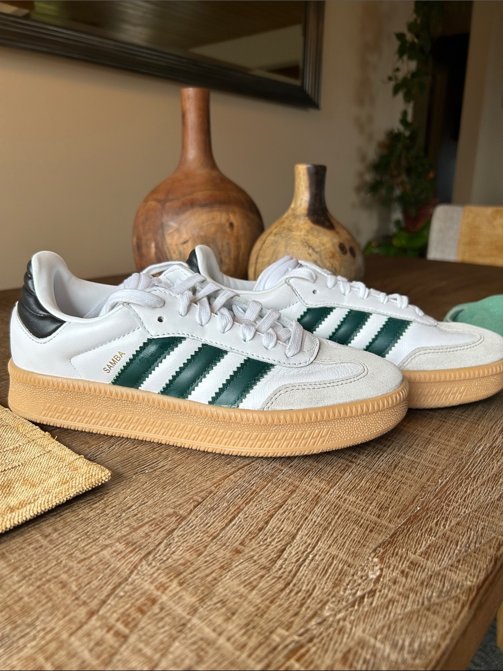 adidas Samba Retro Leather Sneakers - White with Green Stripes and Gum Sole - Picture 3 of 4